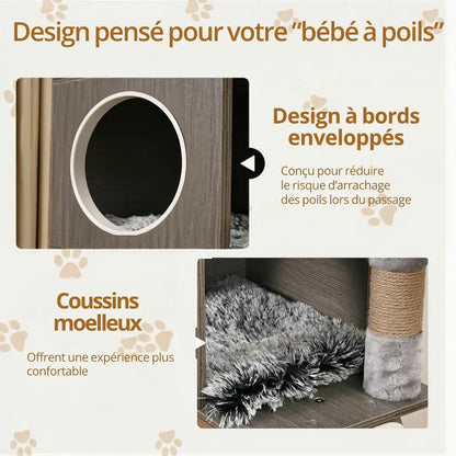 Gros plan du design à bords enveloppés et coussins moelleux de l'arbre à chat Maine Coon pour la sécurité des poils