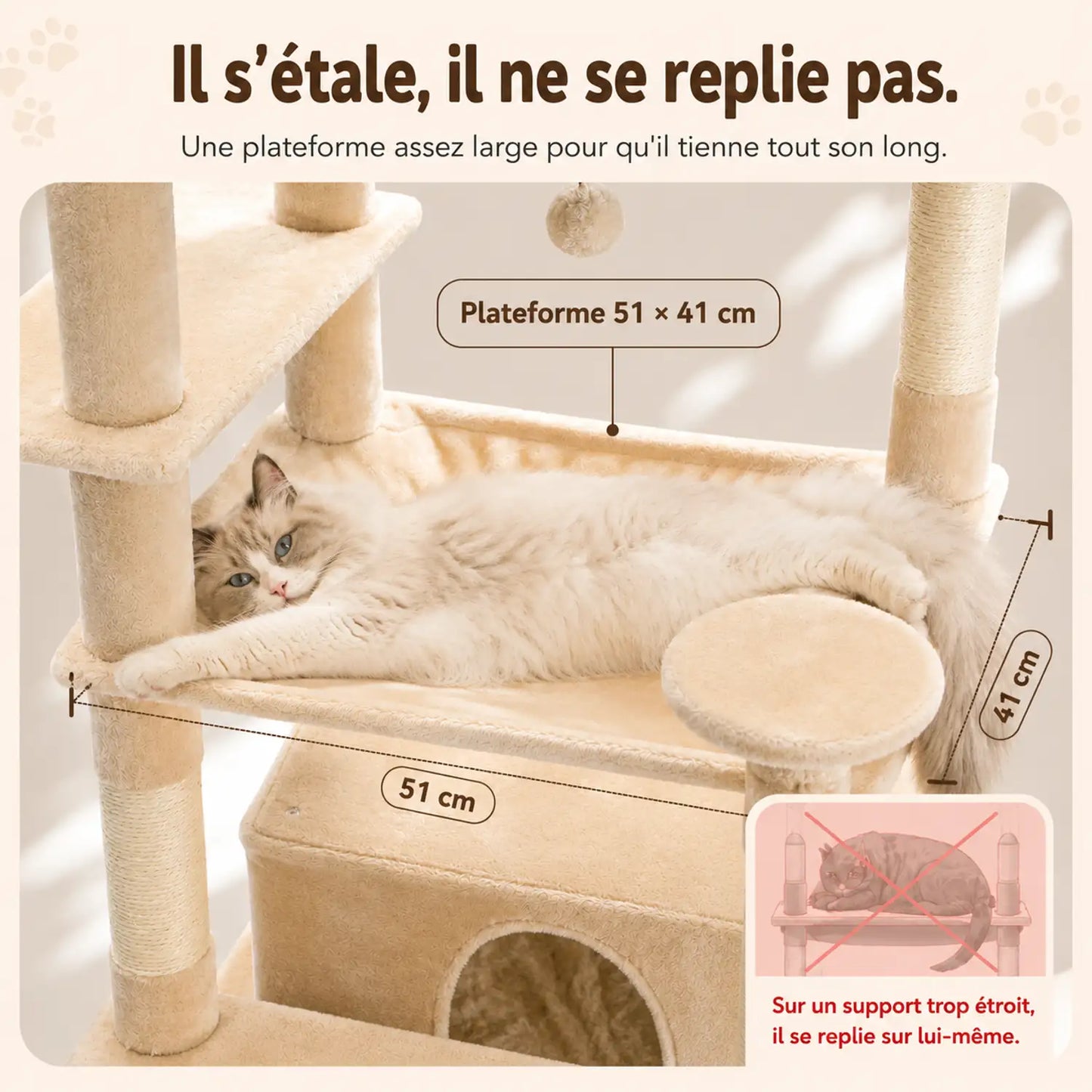Chat maine coon allongé sur une large plateforme de 51 cm avec griffoirs en sisal, niche et jouet suspendu.