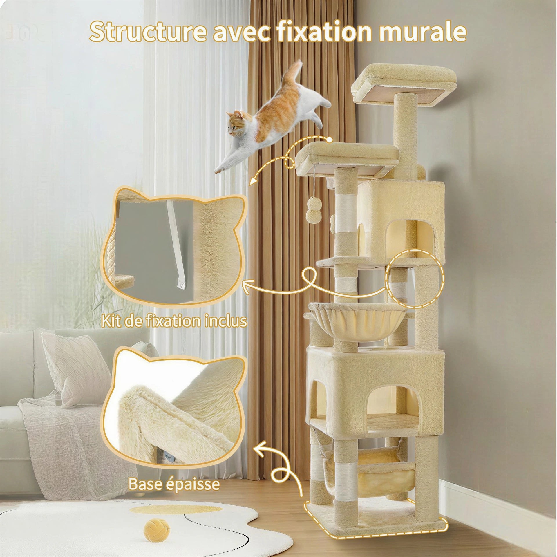 Détail de la fixation murale et de la base épaisse de l'arbre à chat Maine Coon pour une stabilité maximale