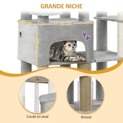 Gros plan de la grande niche de l'arbre à chat Maine Coon avec corde en sisal et brosse intégrée