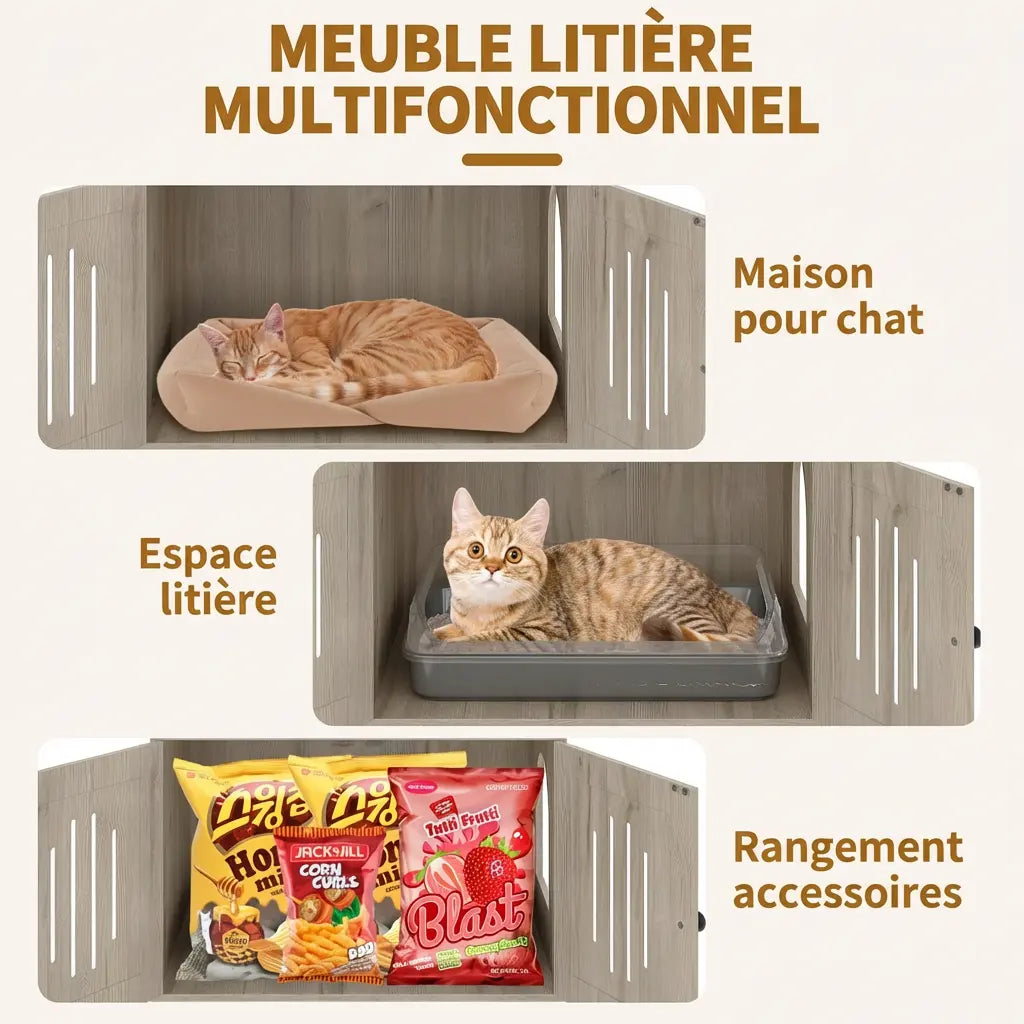 Détail du meuble litière multifonctionnel de l'arbre à chat Maine Coon avec maison, espace litière et rangement accessoires