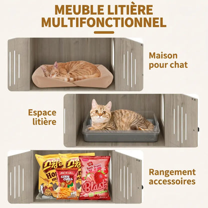 Détail du meuble litière multifonctionnel de l'arbre à chat Maine Coon avec maison, espace litière et rangement accessoires