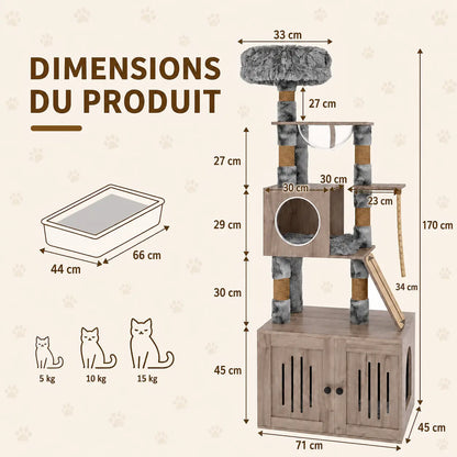 Schéma des dimensions techniques de l'arbre à chat Maine Coon avec meuble litière intégré