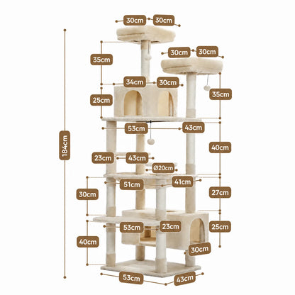 Plan technique détaillé de l'arbre à chat maine coon avec dimensions annotées et hauteur totale de 184 cm.