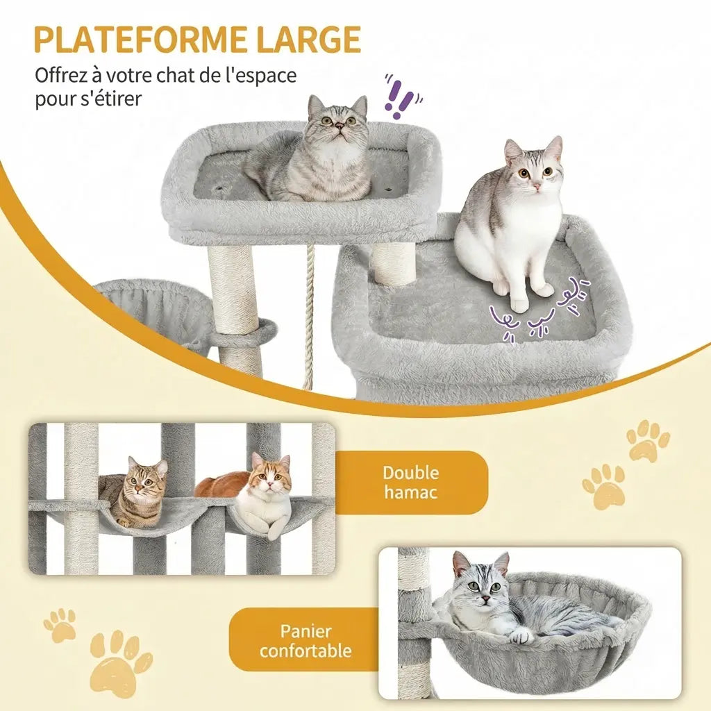 Plateforme large de l'arbre à chat Maine Coon avec double hamac confortable et panier moelleux