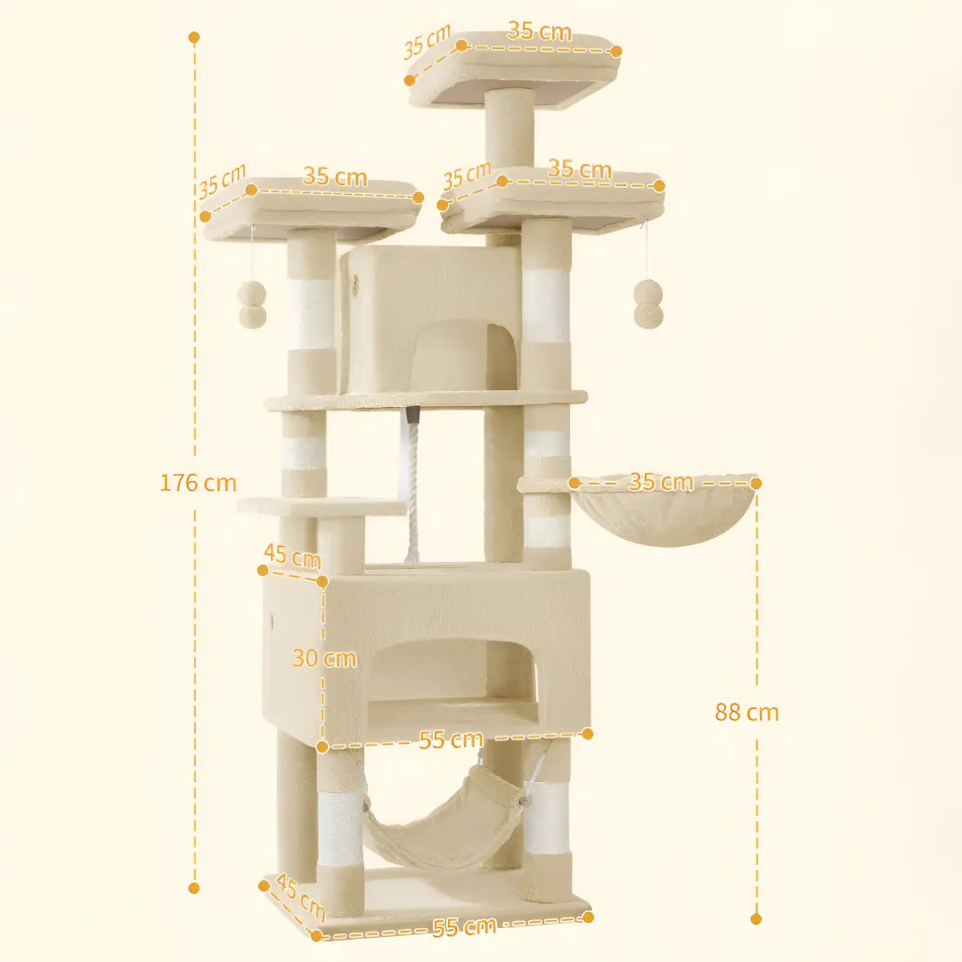 Schéma des dimensions de l'arbre à chat Maine Coon beige avec hauteur 176 cm et largeur 88 cm