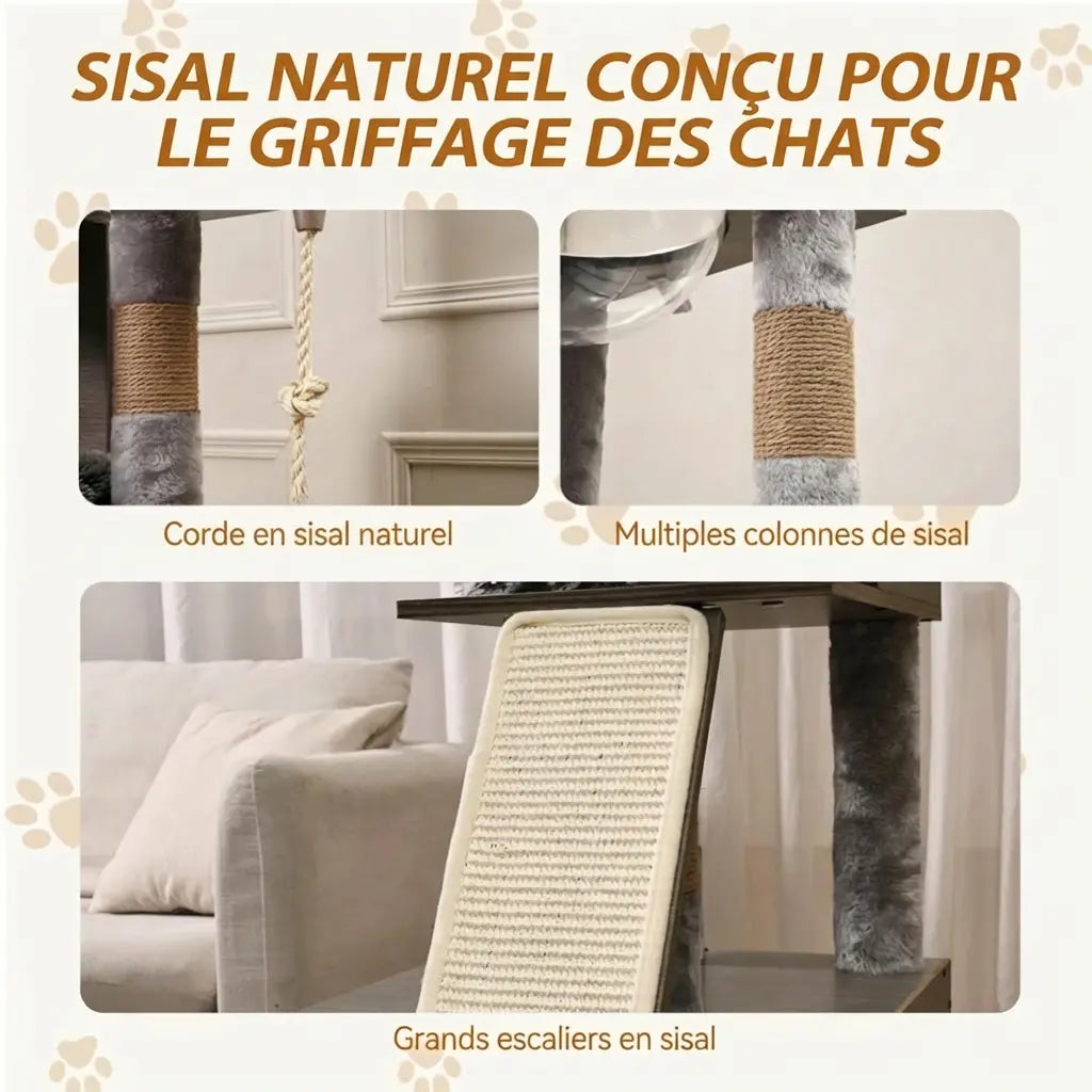 Détail des éléments de griffage de l'arbre à chat Maine Coon : corde sisal naturelle, colonnes et grands escaliers en sisal