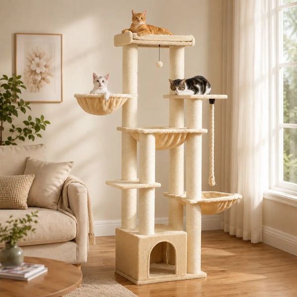 Arbre à chat beige multi-niveaux avec plateformes, hamacs, niche fermée et trois chats occupant différents étages.