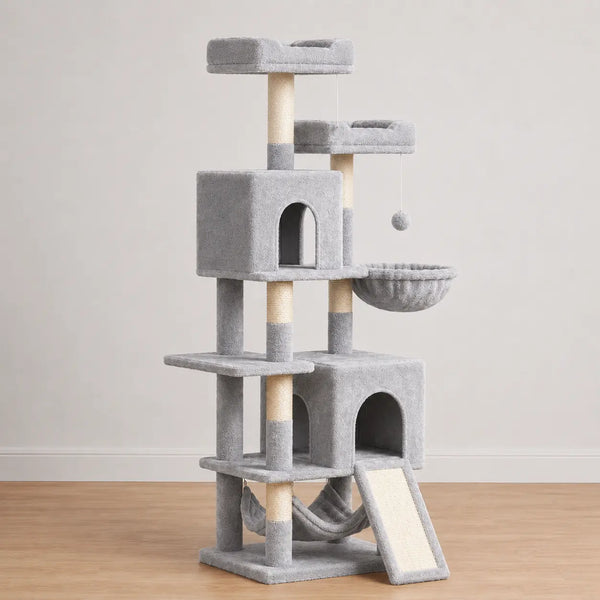 Arbre à chat gris anthracite avec sept colonnes sisal, deux niches fermées, plateformes multiples, hamac suspendu et rampe d'accès.
