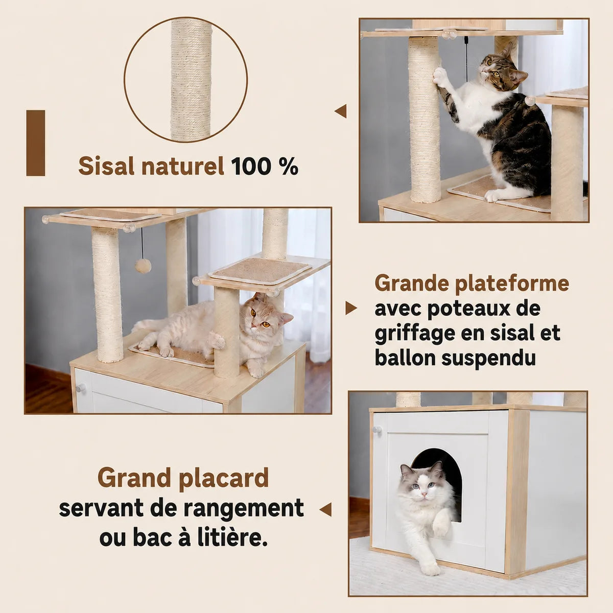 Gros plan sur poteau de griffage en sisal naturel, grande plateforme avec ballon suspendu et placard blanc inférieur.