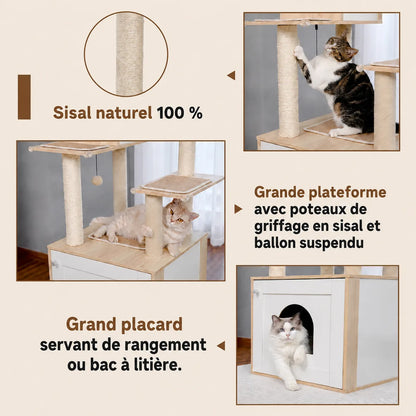 Gros plan sur poteau de griffage en sisal naturel, grande plateforme avec ballon suspendu et placard blanc inférieur.