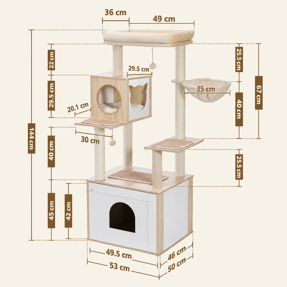 Schéma technique détaillé de l'arbre à chat avec toutes les dimensions, hauteur 144 cm, placard blanc, niches, hamac et poteaux sisal.
