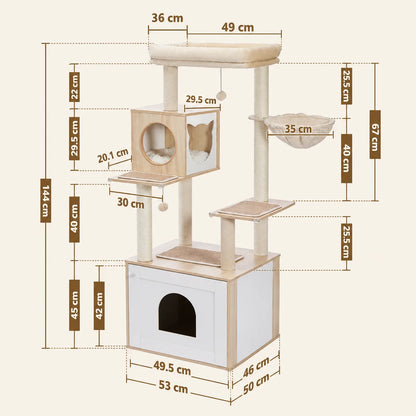 Schéma technique détaillé de l'arbre à chat avec toutes les dimensions, hauteur 144 cm, placard blanc, niches, hamac et poteaux sisal.