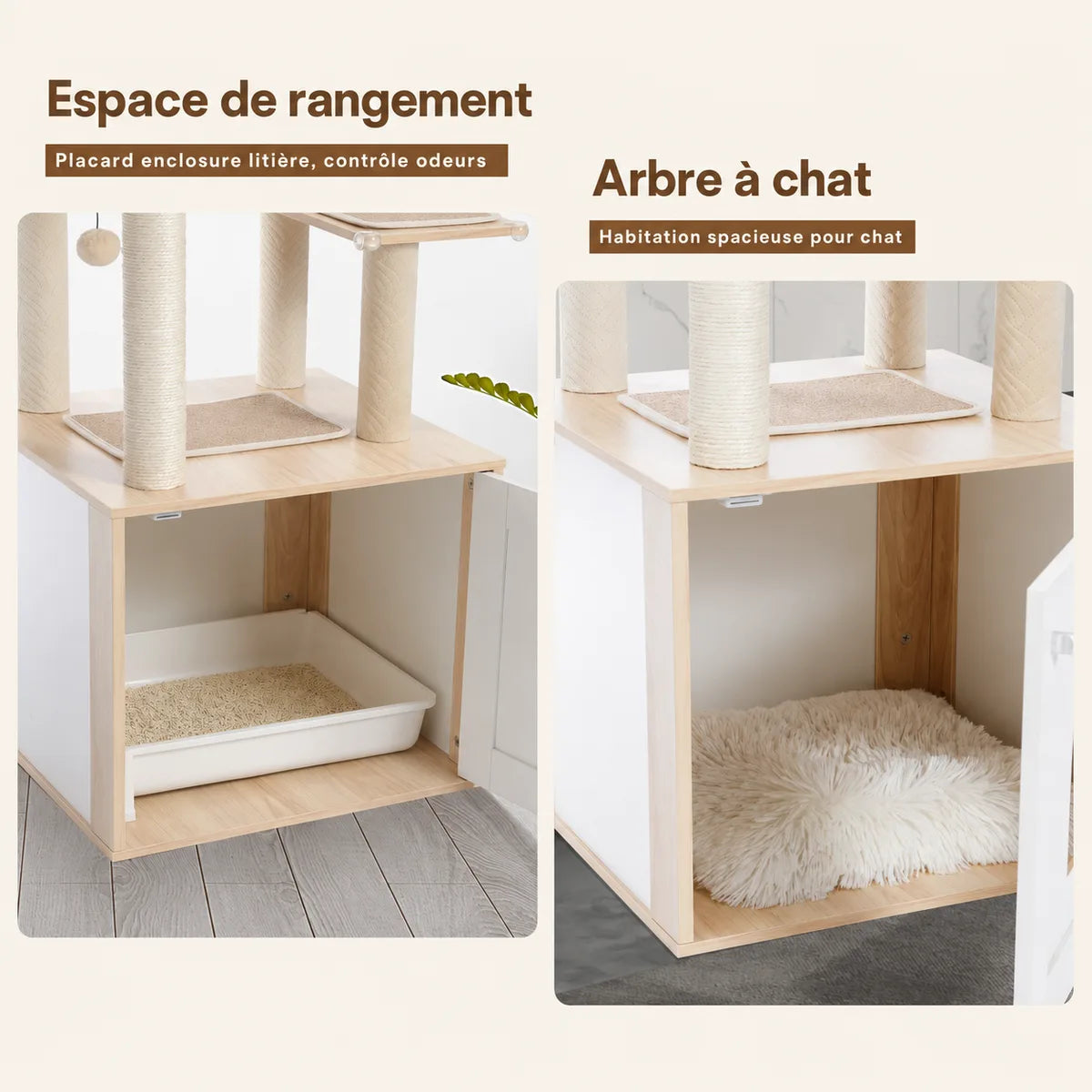 Placard de rangement intégré au meuble blanc avec niche fermée, litière accessible et coussin moelleux pour le repos du chat.