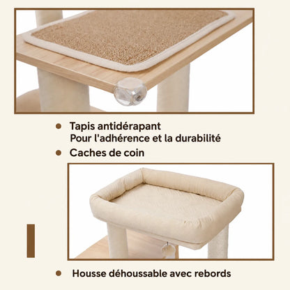 Plateforme en bois naturel avec tapis sisal beige, cache coin transparent et housse amovible beige.