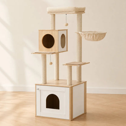 Arbre à chat meuble blanc et bois avec placard, niches fermées, hamac suspendu et poteaux sisal enrobés.