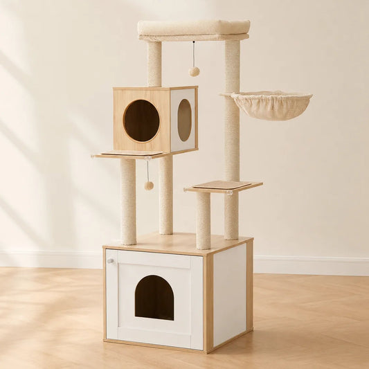 Arbre à chat meuble blanc et bois avec placard, niches fermées, hamac suspendu et poteaux sisal enrobés.