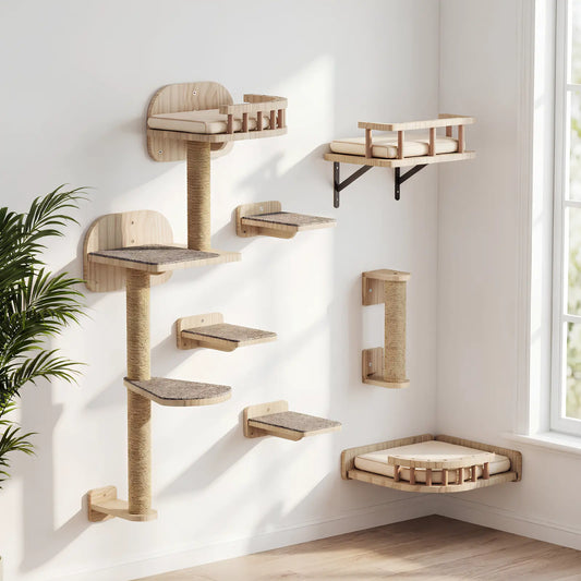 arbre à chat mural en bois avec plateformes et couchage d’angle installé dans une pièce