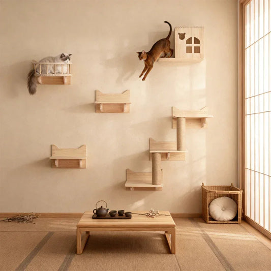 Arbre à chat mural en bois clair avec plateformes et niches murales, installé dans un intérieur épuré et utilisé par plusieurs chats.