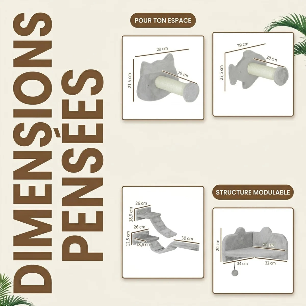 Guide des dimensions et structure modulable de l'arbre à chat mural avec plateformes, griffoirs et niches en gris clair.