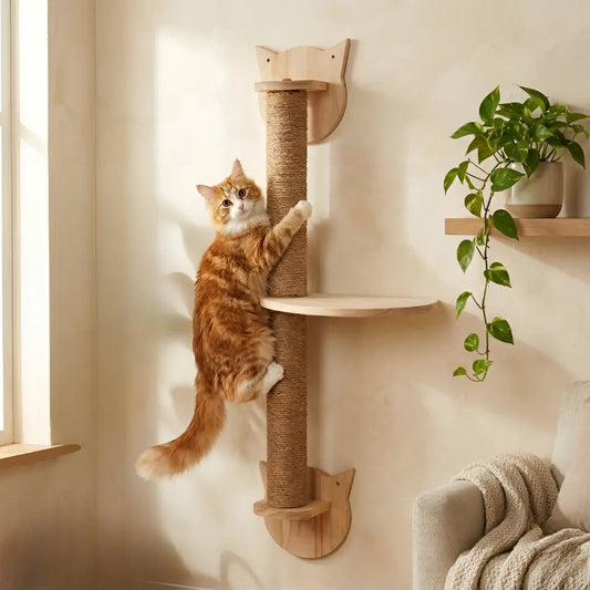 Arbre à chat mural avec griffoir vertical en sisal et plateforme en bois, utilisé par un chat pour grimper et faire ses griffes.