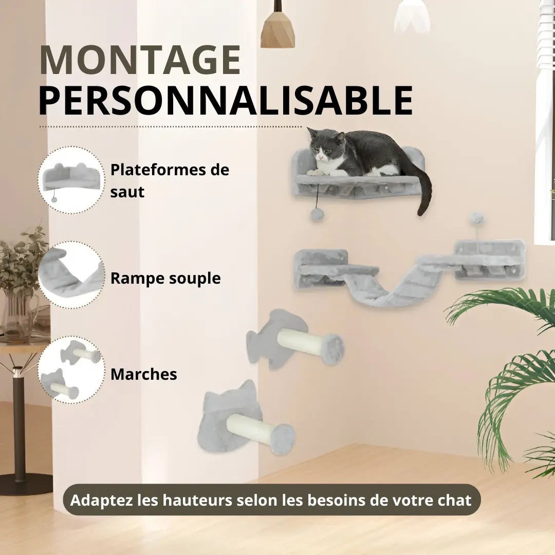 Éléments d’arbre à chat mural modulable avec plateformes de saut, rampes et marches personnalisables selon l’espace.