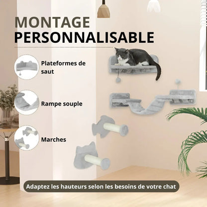 Éléments d’arbre à chat mural modulable avec plateformes de saut, rampes et marches personnalisables selon l’espace.