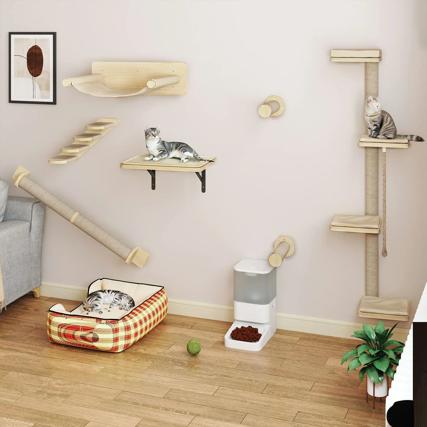Exemple d’aménagement d’un arbre à chat mural modulable avec plateformes, griffoirs et espaces de repos dans un intérieur moderne.