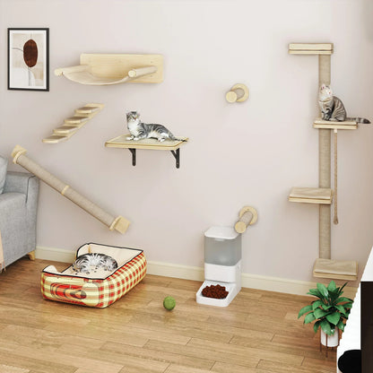 Exemple d’aménagement d’un arbre à chat mural modulable avec plateformes, griffoirs et espaces de repos dans un intérieur moderne.