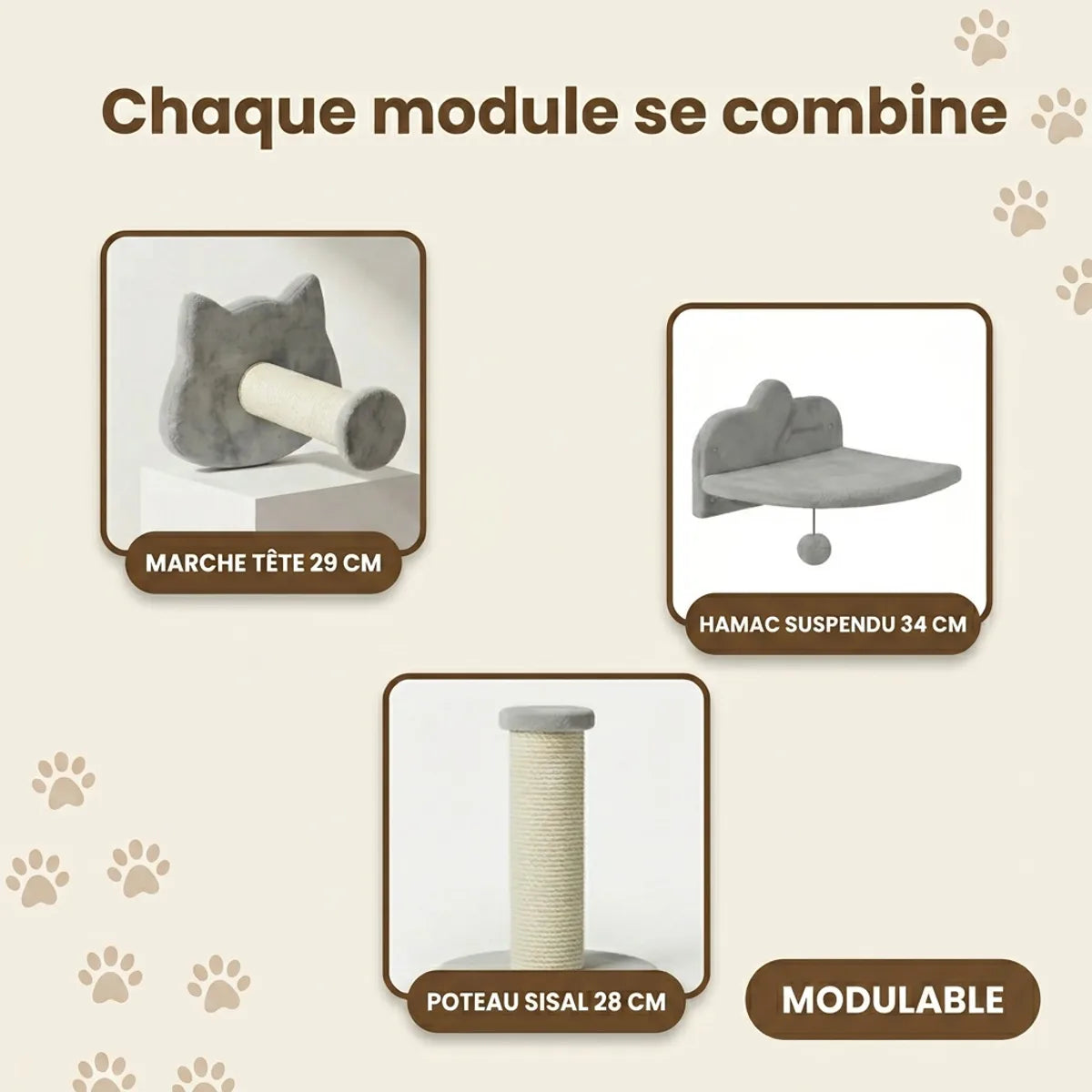 Trois modules gris modulables : niche fermée avec tunnel, hamac suspendu et poteau sisal, combinables entre eux.