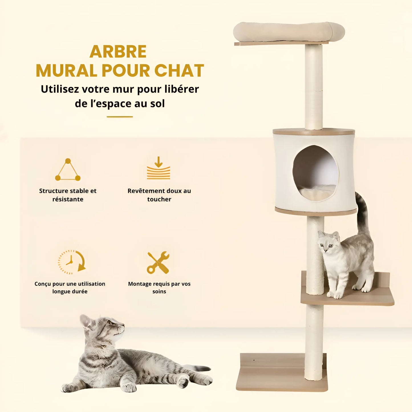 Présentation des fonctionnalités d’un arbre à chat mural avec griffoir, plateforme de repos et niche intégrée.