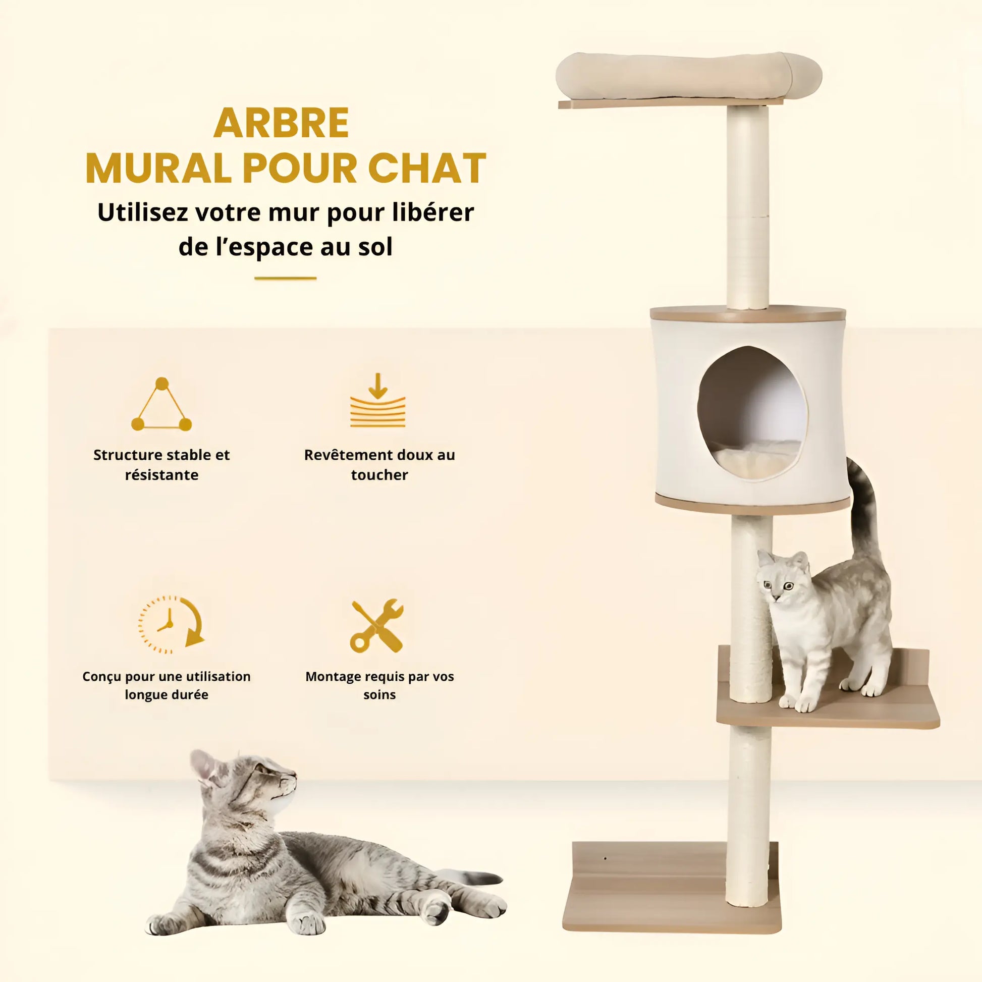 Présentation des fonctionnalités d’un arbre à chat mural avec griffoir, plateforme de repos et niche intégrée.