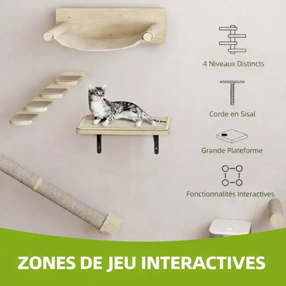 Arbre à chat mural avec zones de jeu interactives, plateformes murales, corde en sisal et éléments modulaires pour stimuler le chat.
