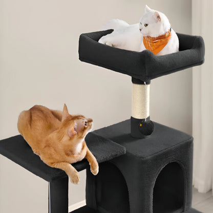 Deux chats roux et blanc perchés sur le niveau supérieur de l'arbre à chat noir avec poteaux sisal