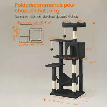Infographie de l'arbre à chat noir avec poids recommandé de 5 kg par chat et capacité jusqu'à quatre chats