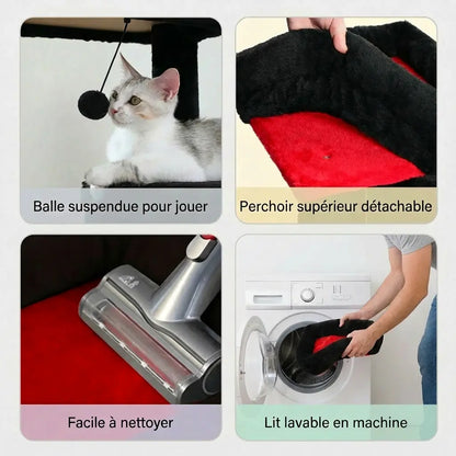 Détail de la balle araignée suspendue, du perchoir supérieur détachable, de la surface facile à nettoyer et du lit lavable en machine de l'arbre à chat noir et rouge