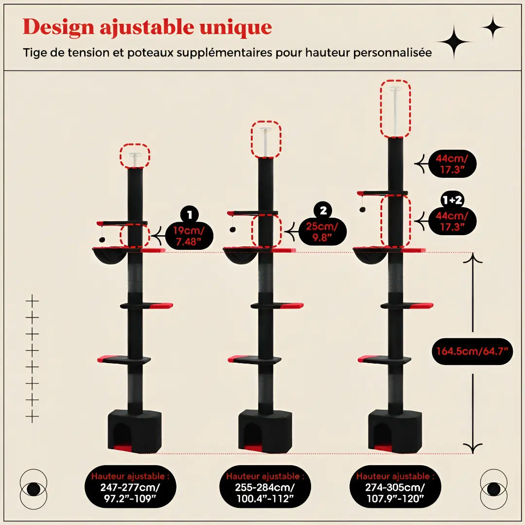 Infographie du design ajustable de l'arbre à chat noir sol plafond avec trois configurations de hauteur de 247 à 305 cm