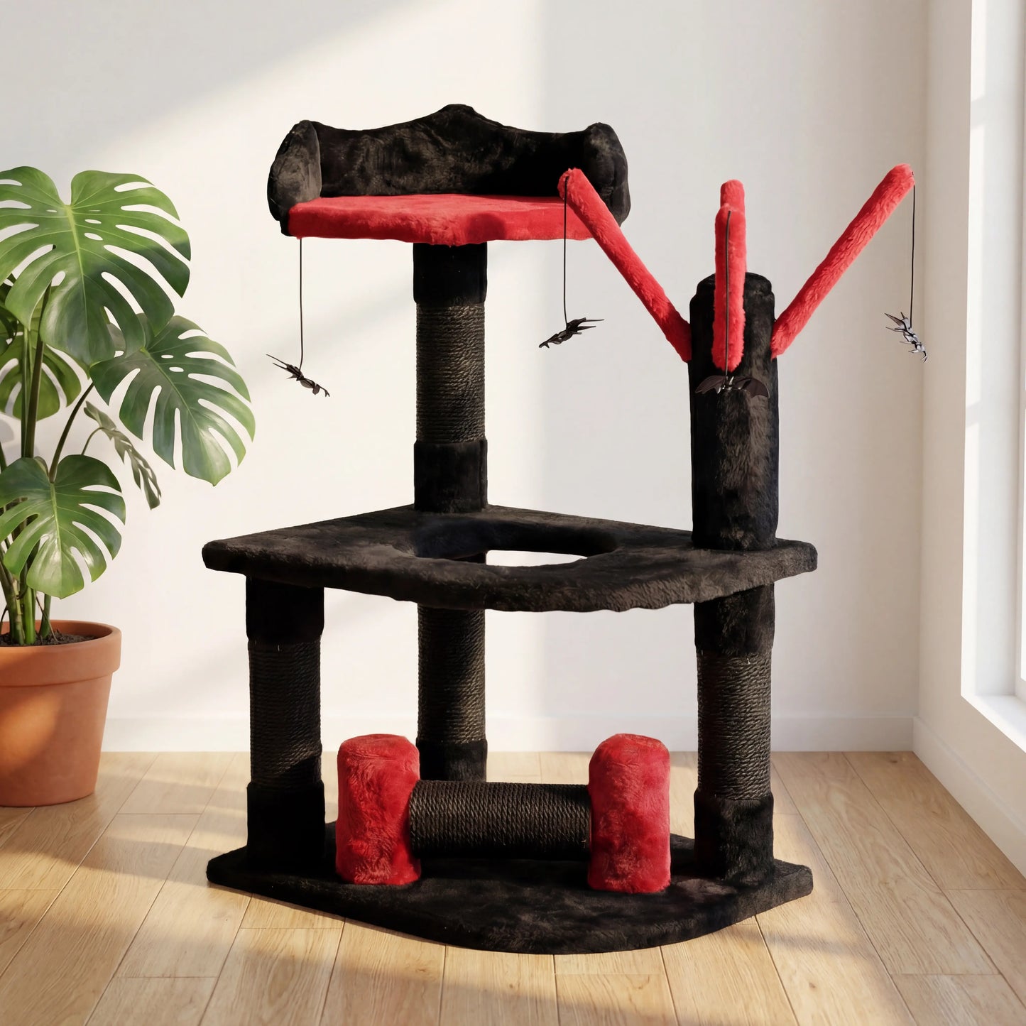 Arbre à chat noir et rouge style Halloween avec araignées suspendues et plateformes larges, plante monstera à gauche