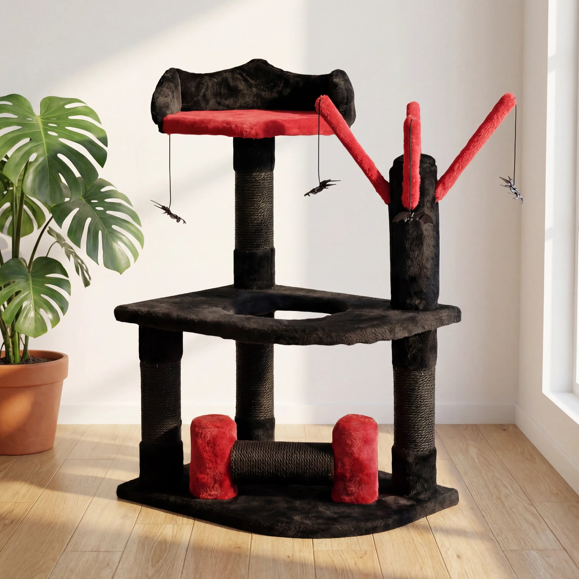 Arbre à chat noir et rouge style Halloween avec araignées suspendues et plateformes larges, plante monstera à gauche