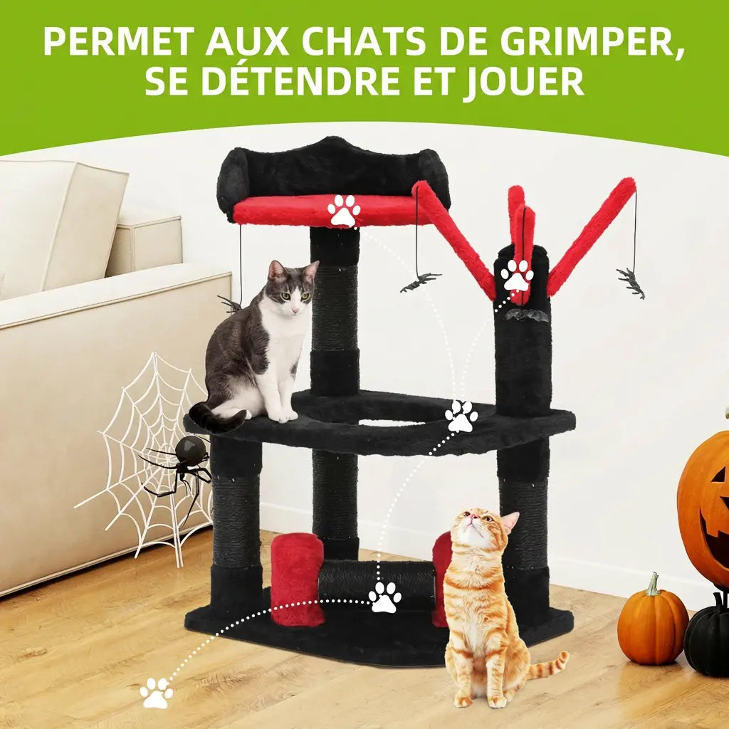 Arbre à chat noir et rouge avec chat tigré qui grimpe, décoration Halloween citrouille en arrière-plan