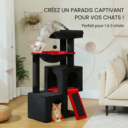 Arbre à chat noir et rouge installé dans un salon lumineux avec chat dans la niche basse, adapté à un à trois chats