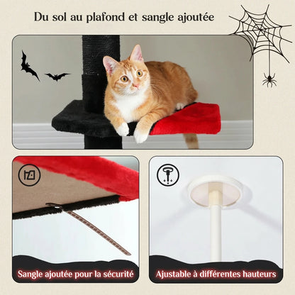 Détail de la sangle de sécurité supplémentaire et du système ajustable à différentes hauteurs de l'arbre à chat noir sol plafond
