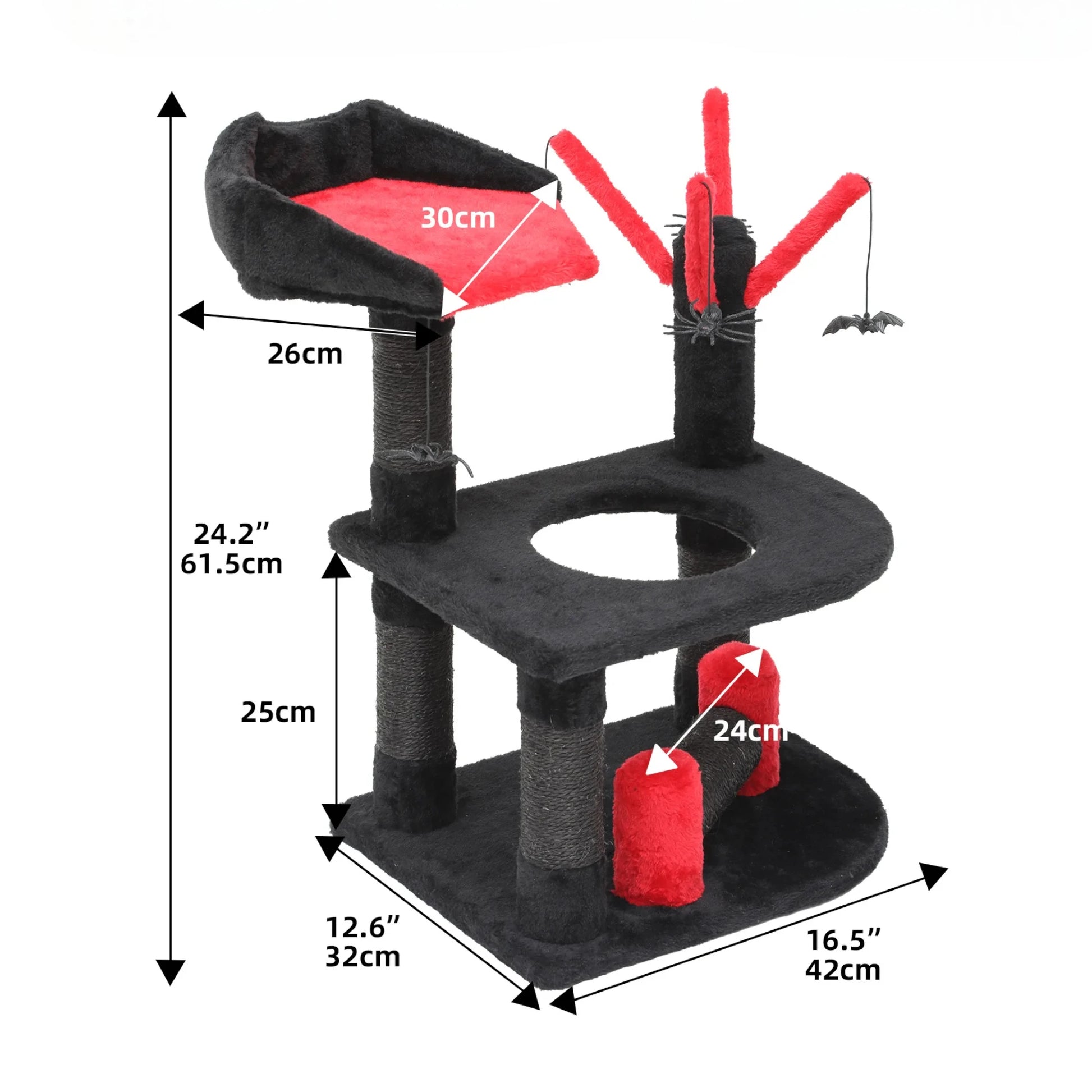 Schéma des dimensions de l'arbre à chat noir et rouge avec hauteur 61,5 cm et largeur 42 cm annotées