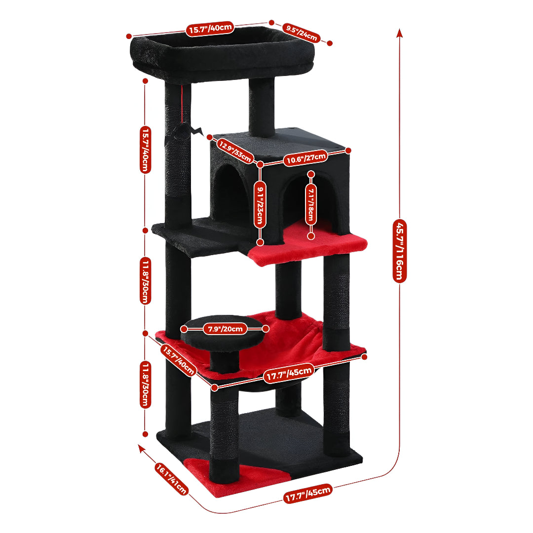Schéma technique des dimensions de l'arbre à chat noir et rouge avec toutes les mesures annotées en rouge