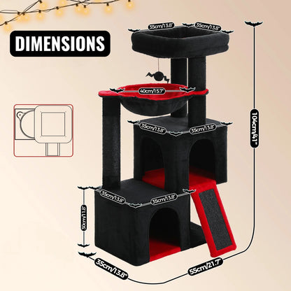 Schéma des dimensions de l'arbre à chat noir et rouge avec tous les niveaux et mesures annotés sur fond beige