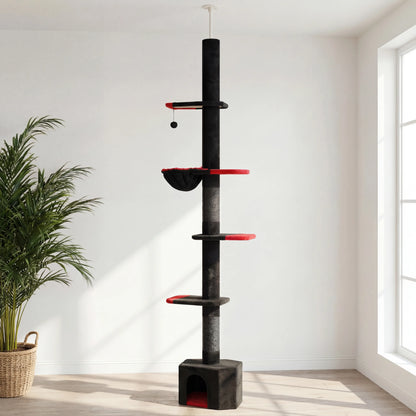 Arbre à chat noir sol plafond avec plateformes rouges et balle suspendue, palmier et panier en arrière-plan