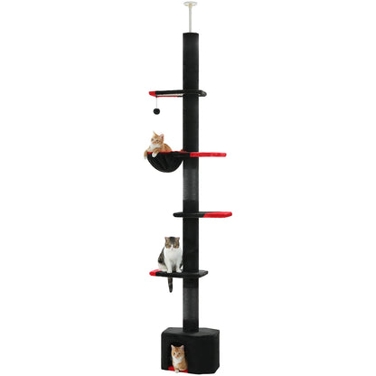 Vue produit de l'arbre à chat noir sol plafond sur fond neutre avec chat installé sur une plateforme rouge