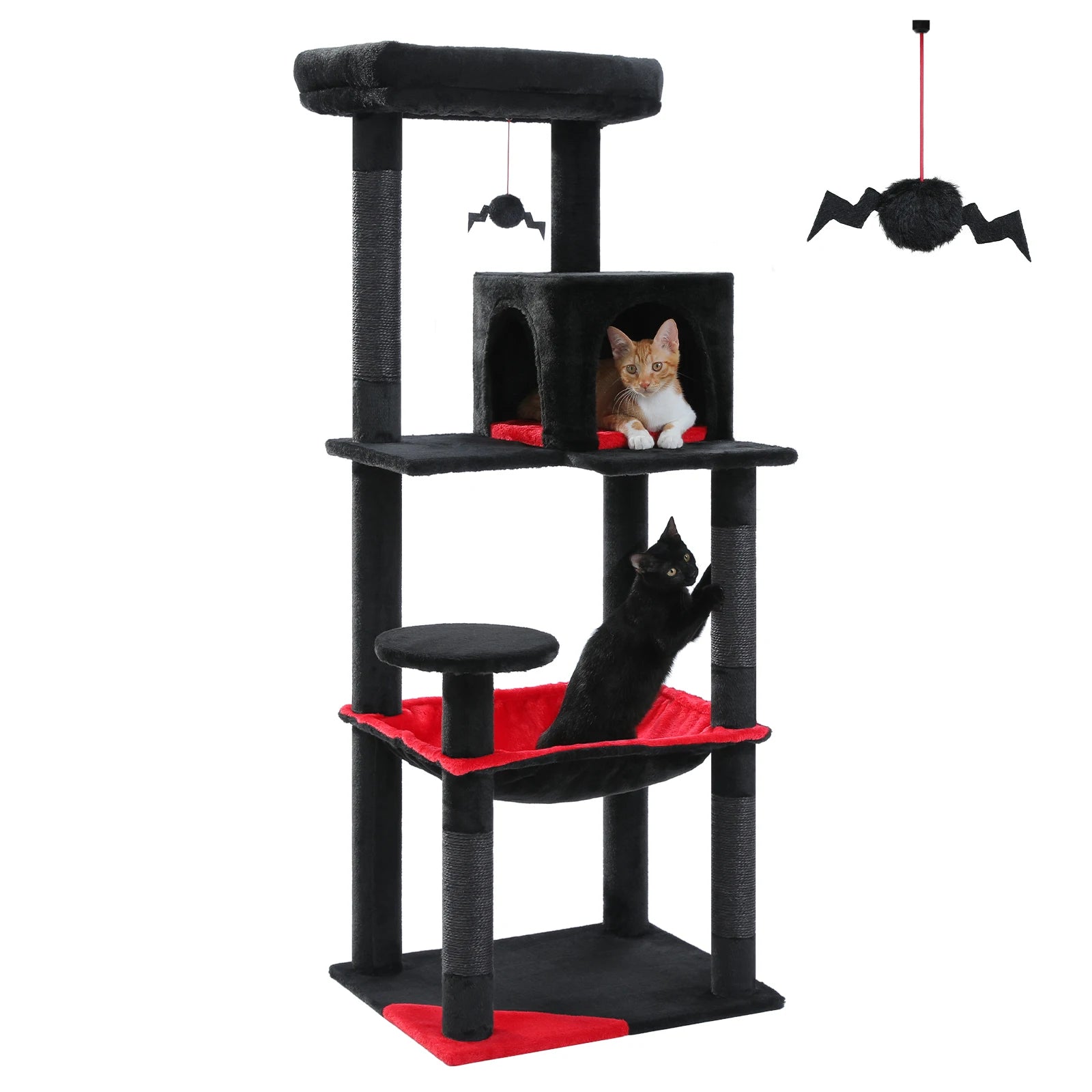 Vue latérale de l'arbre à chat noir et rouge avec chat noir installé dans la niche centrale