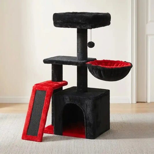 Arbre à chat noir et rouge avec niche fermée, plateformes, rampe griffoir, couchettes et jouet suspendu, vue d'ensemble.