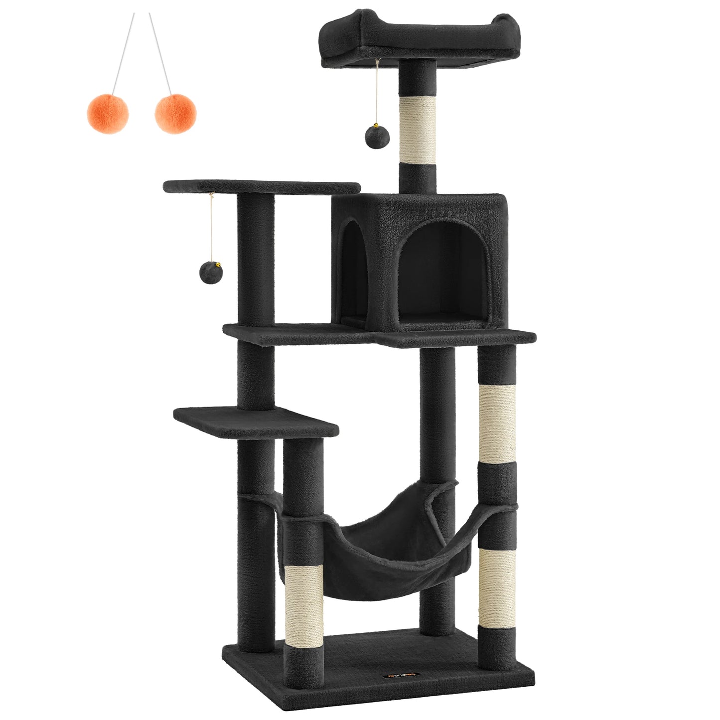 Vue produit complète de l'arbre à chat noir sur fond blanc avec tous les niveaux et la niche bien visibles